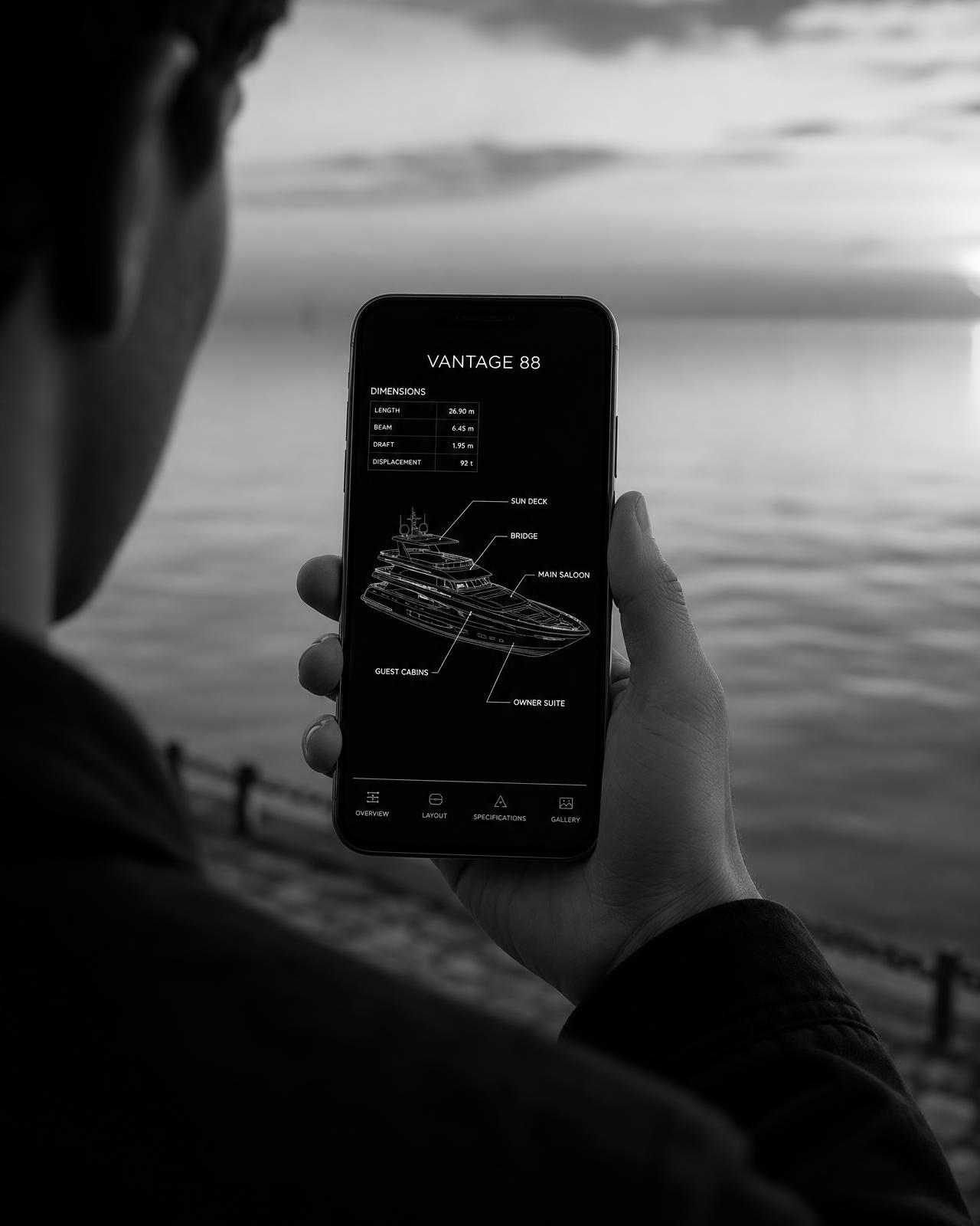 A visitor on the marina promenade scanning a yacht anchored in the bay and seeing its 3D model and specifications on their phone